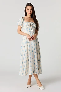 Floral Print Puff Sleeves Midi Dress