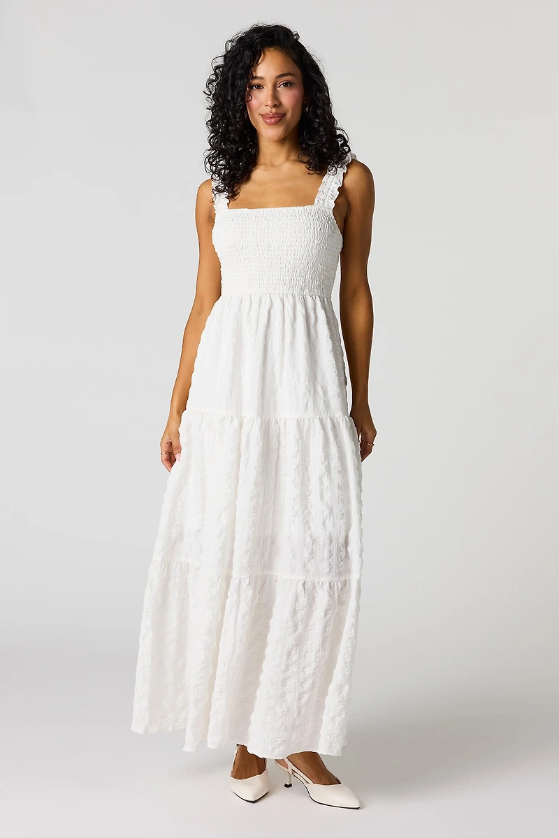 Robe maxi volantée smockée à bretelles