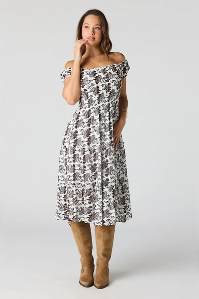 Robe midi volantée imprimée avec épaules dénudées