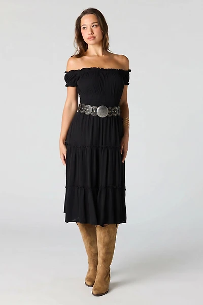 Printed Off Shoulder Tiered Midi Dress