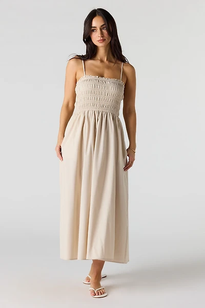 Robe maxi smockée en mélange de lin