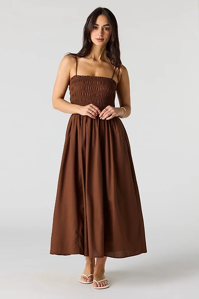 Linen-Blend Smocked Maxi Dress
