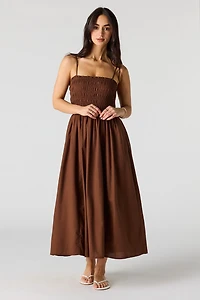 Linen-Blend Smocked Maxi Dress