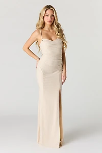 Robe maxi à ruché scintillante et encolure en cur