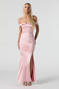 Faux Silk Off Shoulder Satin Maxi Dress