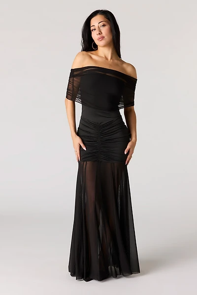 Mesh Ruched Off Shoulder Maxi Dress