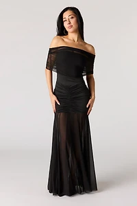 Mesh Ruched Off Shoulder Maxi Dress