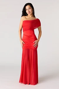 Mesh Ruched Off Shoulder Maxi Dress