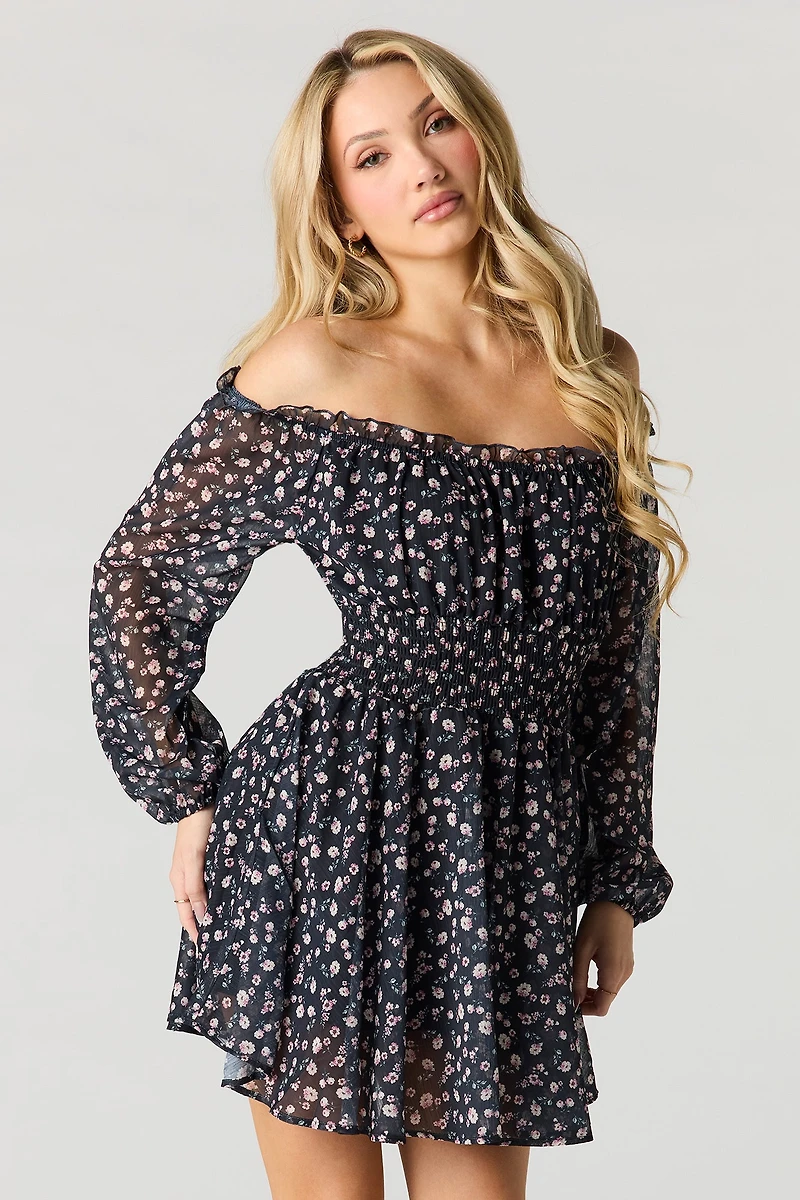 Chiffon Off Shoulder Long Sleeve Mini Dress
