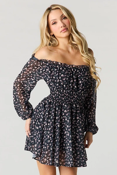 Chiffon Off Shoulder Long Sleeve Mini Dress