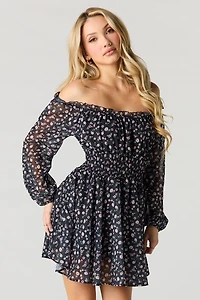 Chiffon Off Shoulder Long Sleeve Mini Dress