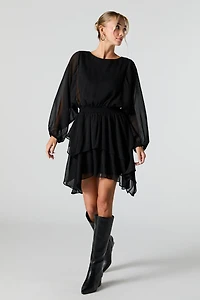 Mesh Tiered Long Sleeve Flowy Mini Dress