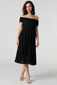 Off Shoulder Tiered Midi Dress