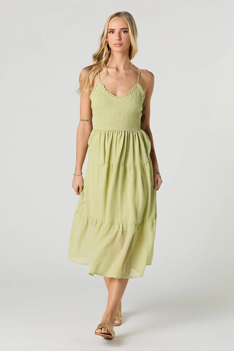 Smocked Chiffon V-Neck Midi Dress