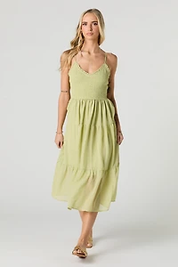 Smocked Chiffon V-Neck Midi Dress