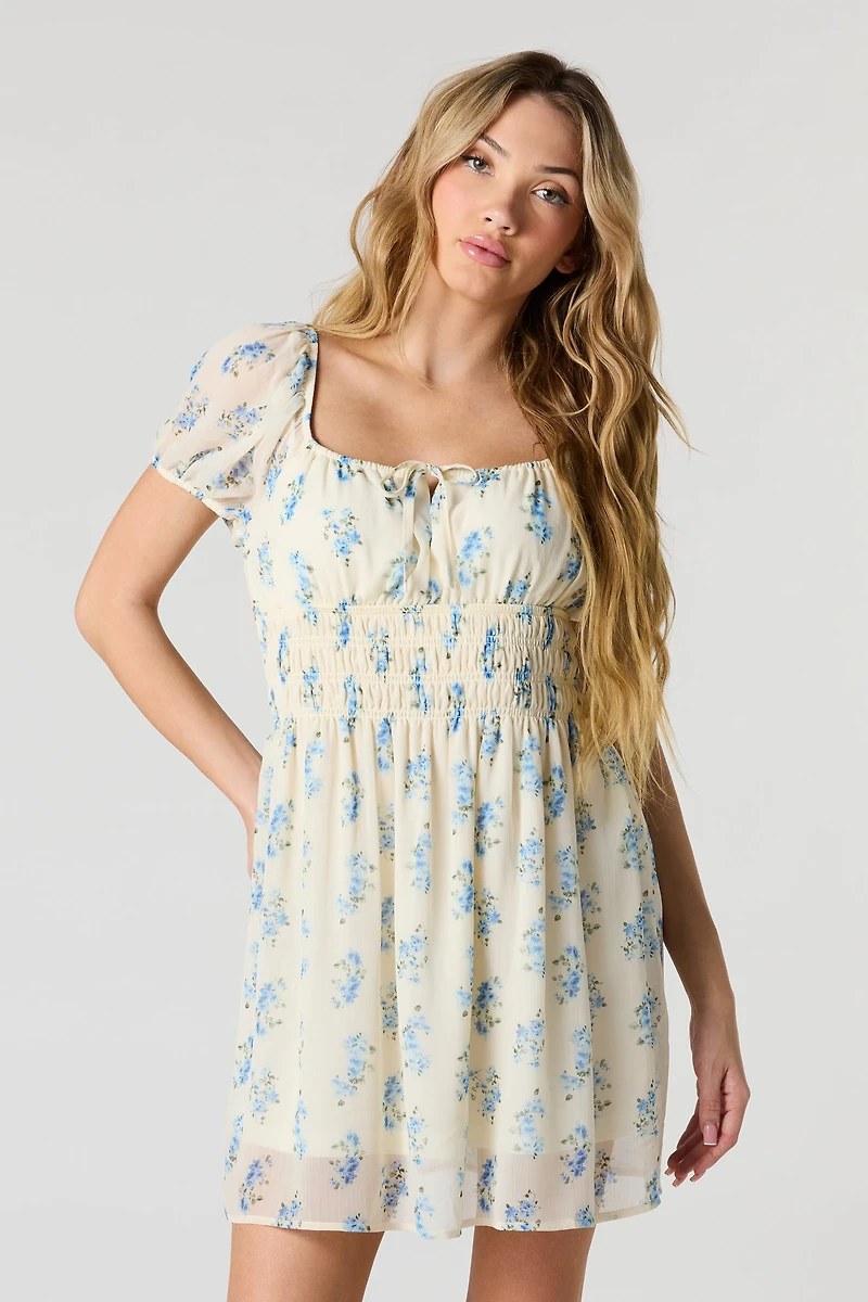 Floral Chiffon Puff Sleeve Mini Dress