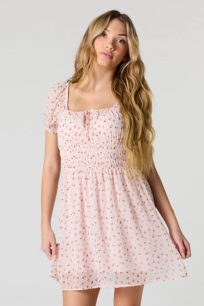 Floral Chiffon Puff Sleeve Mini Dress