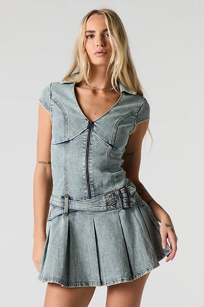 Denim Zip-Up Belted Pleated Mini Dress
