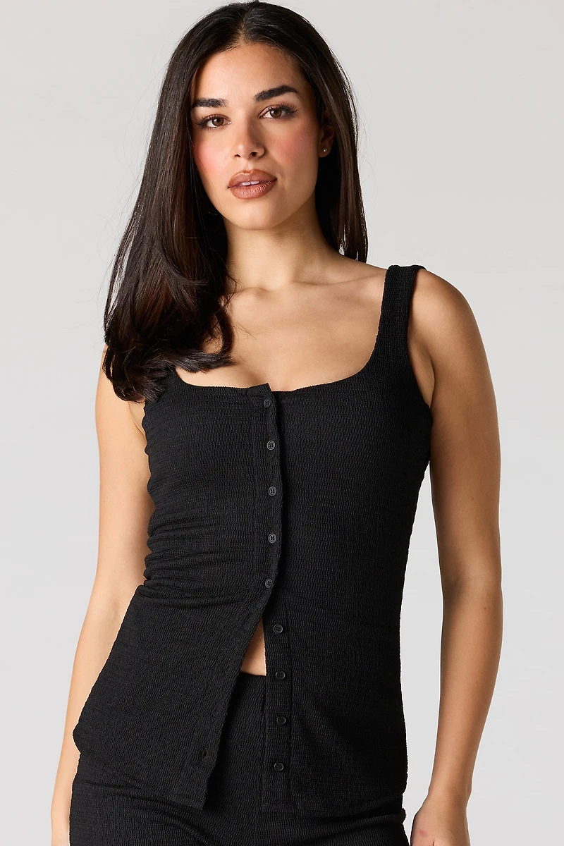 Textured Square Neck Button Front Tank