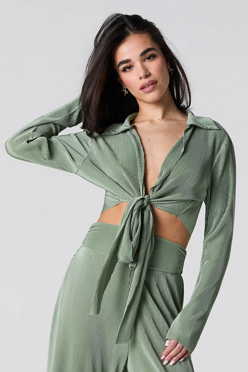 Accordion Pleated Tie Back Long Sleeve Top