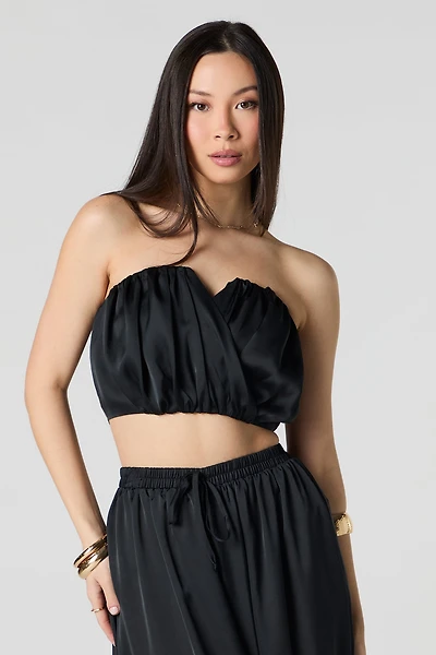 Satin Pleated Cropped Tube Top