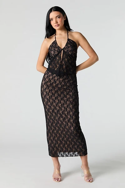 Jupe midi en dentelle fleurie