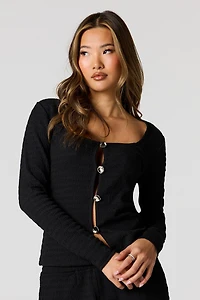 Textured Metal Button-Front Long Sleeve Top