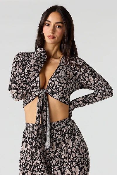 Ribbed Self-Tie Long Sleeve Top