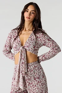 Ribbed Self-Tie Long Sleeve Top