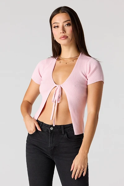 Ribbed Knit Self-Tie Short Sleeve Cardigan