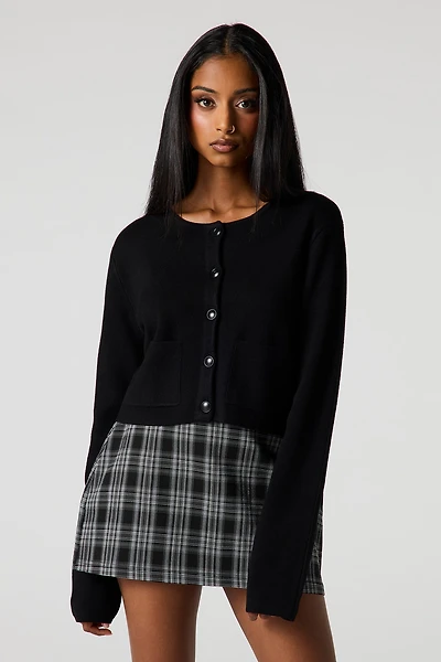 Knit Button-Up Crew Neck Cardigan