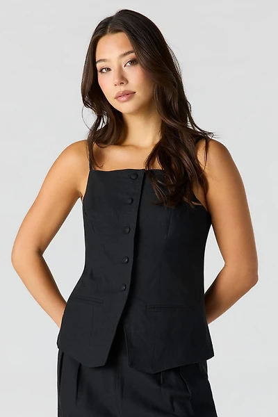 Linen-Blend Button-Up Square Neck Vest