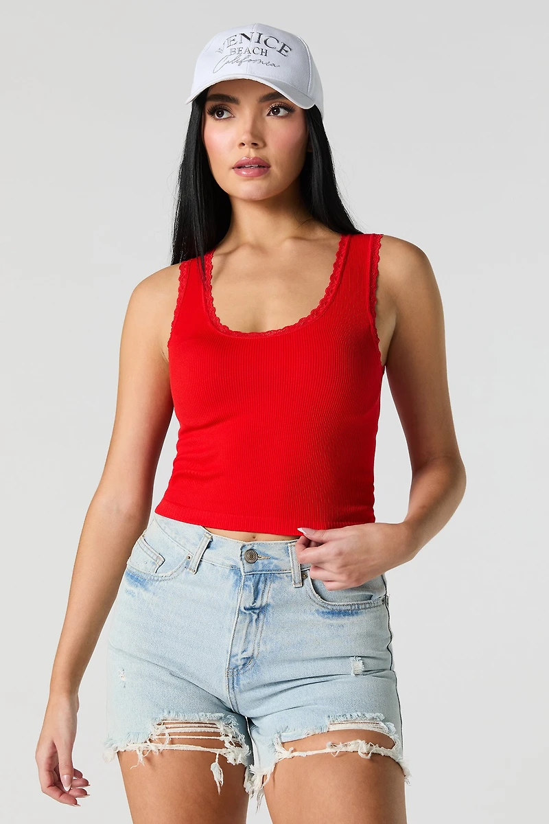 Seamless Ribbed Scoop Neck Lace Trim Tank
