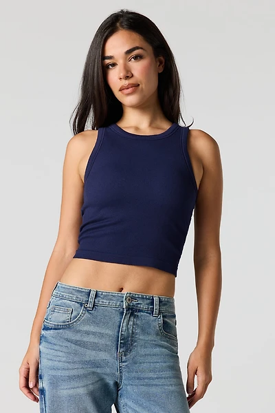 Seamless Ribbed Crew Neck Tank with Built-In Cups