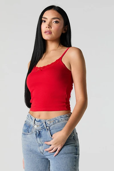 Ribbed Lace Trim Cropped Cami