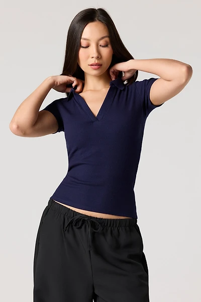 Ribbed Short Sleeve Polo Top