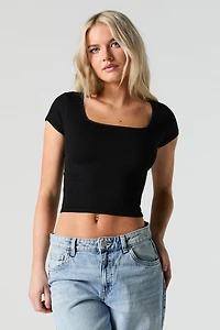 Ribbed Square Neck Cropped Cap Sleeve Top