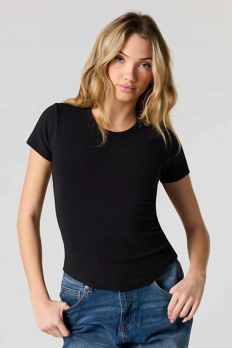 Ribbed Curved Hem T-Shirt