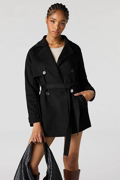 Faux Suede Midi Trench Coat