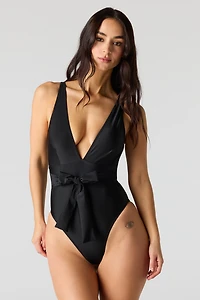Plunge Tie Front One Piece Swimsuit