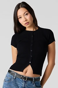 Ribbed Knit Button-Up Short Sleeve Top