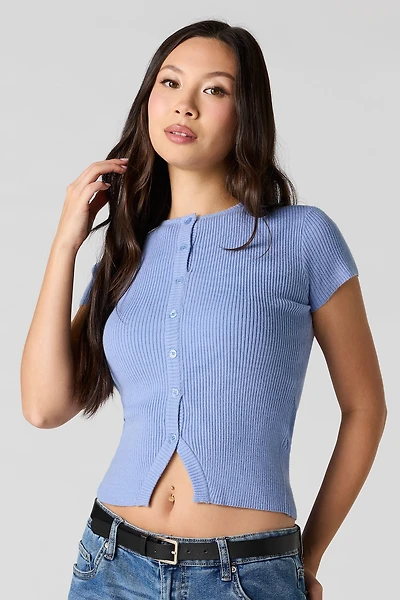 Ribbed Knit Button-Up Short Sleeve Top