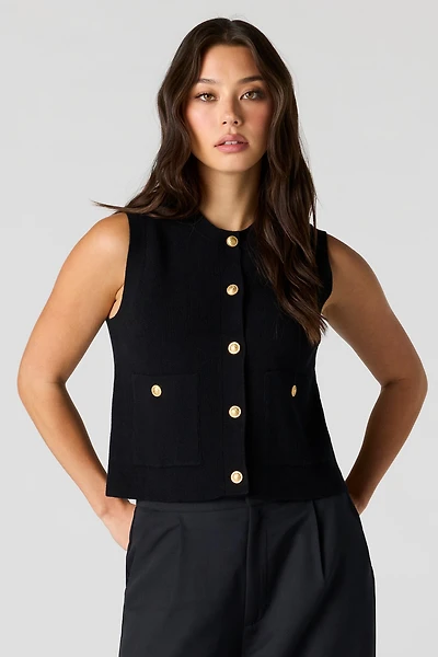 Ribbed Knit Button Front Vest Top