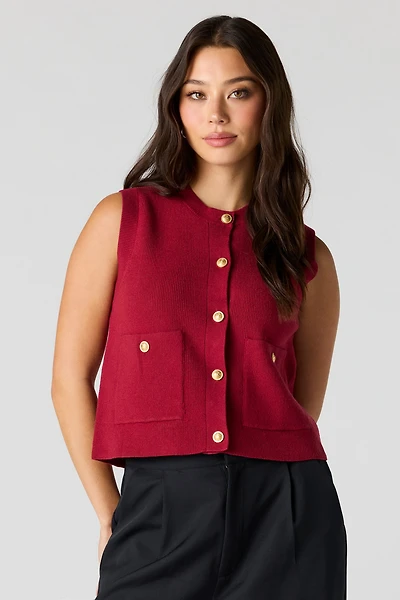 Ribbed Knit Button Front Vest Top