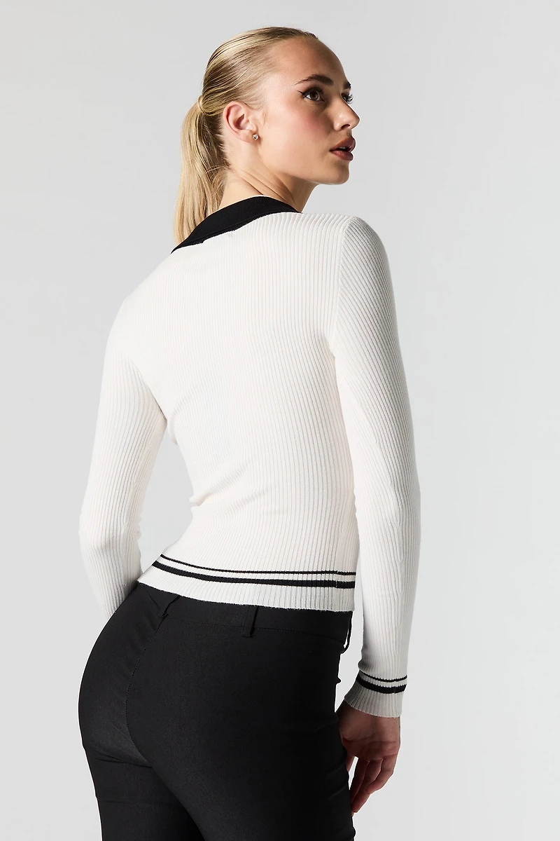 Contrast Collared Ribbed Knit Sweater