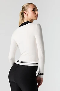 Contrast Collared Ribbed Knit Sweater