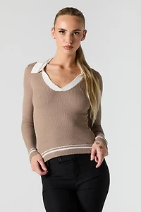 Contrast Collared Ribbed Knit Sweater