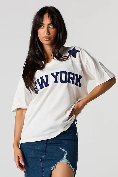 New York Twill Embroidered V-Neck T-Shirt