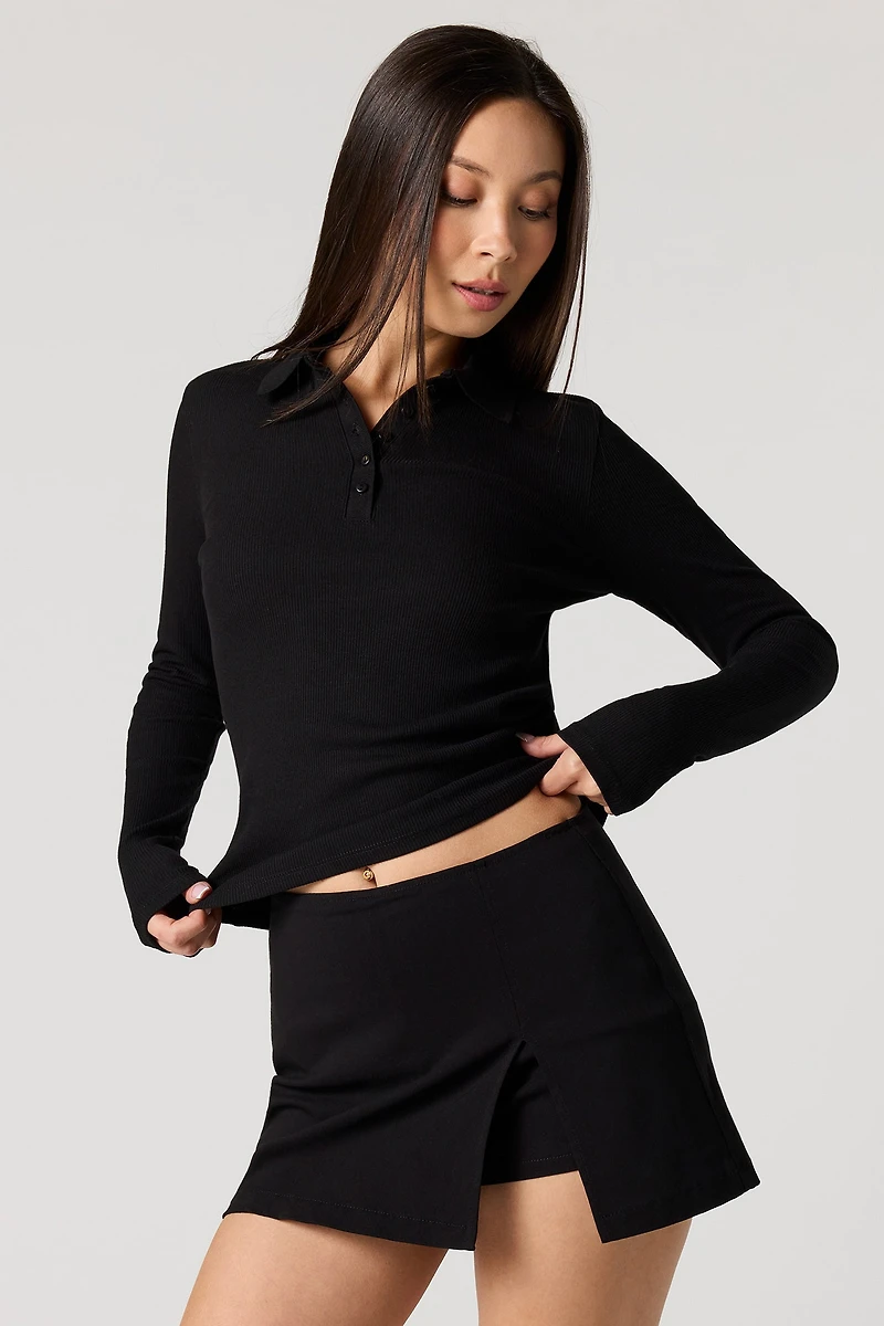 Ribbed Collared Long Sleeve Top