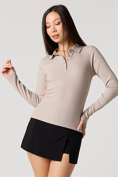 Haut côtelé à manches longues avec col